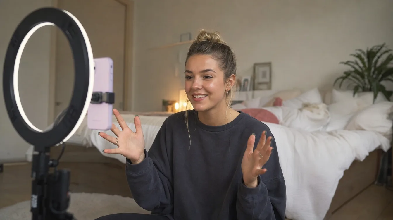 Creator filming a vertical video with a smartphone and ring light