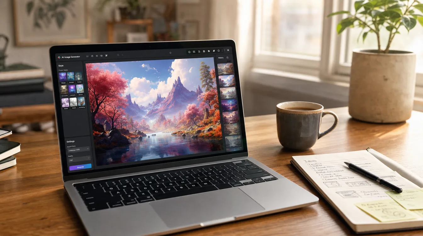 Desk with a laptop showing AI artwork and a notebook of prompts